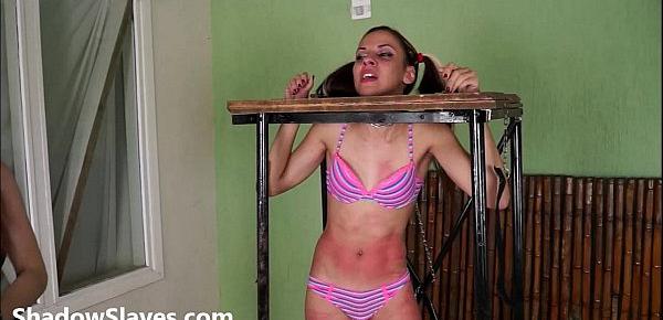  Brazilian bdsm and lesbian whipping of tied teen slave girl Geovanna in hard fem